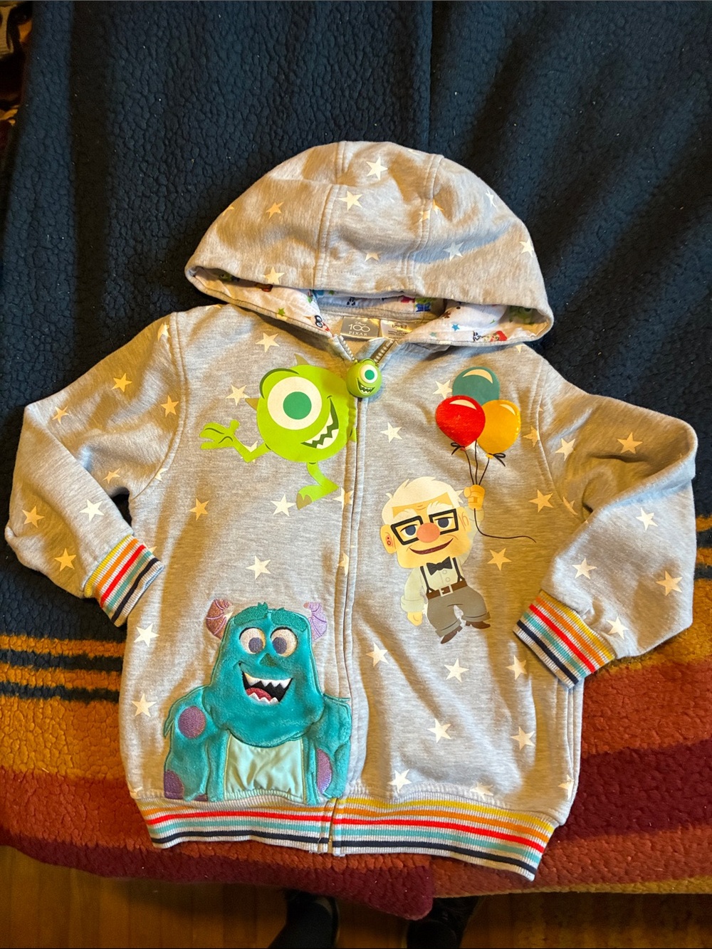 Disney Gray Hooded Zip Sweatshirt with Monsters and Balloons